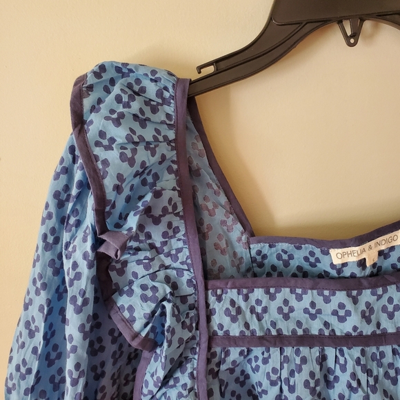 Ophelia & Indigo Cotton Peasant Blouse Block Print Boho Size Small Blue - Picture 5 of 9